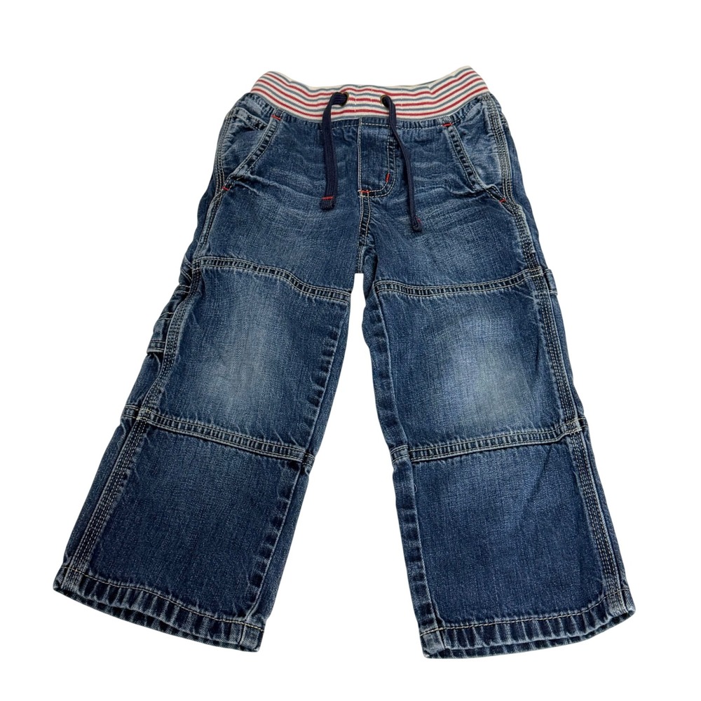 Mini Boden Boys 3Y Blue Denim Cargo Jeans Striped Elastic Waistband Cotton